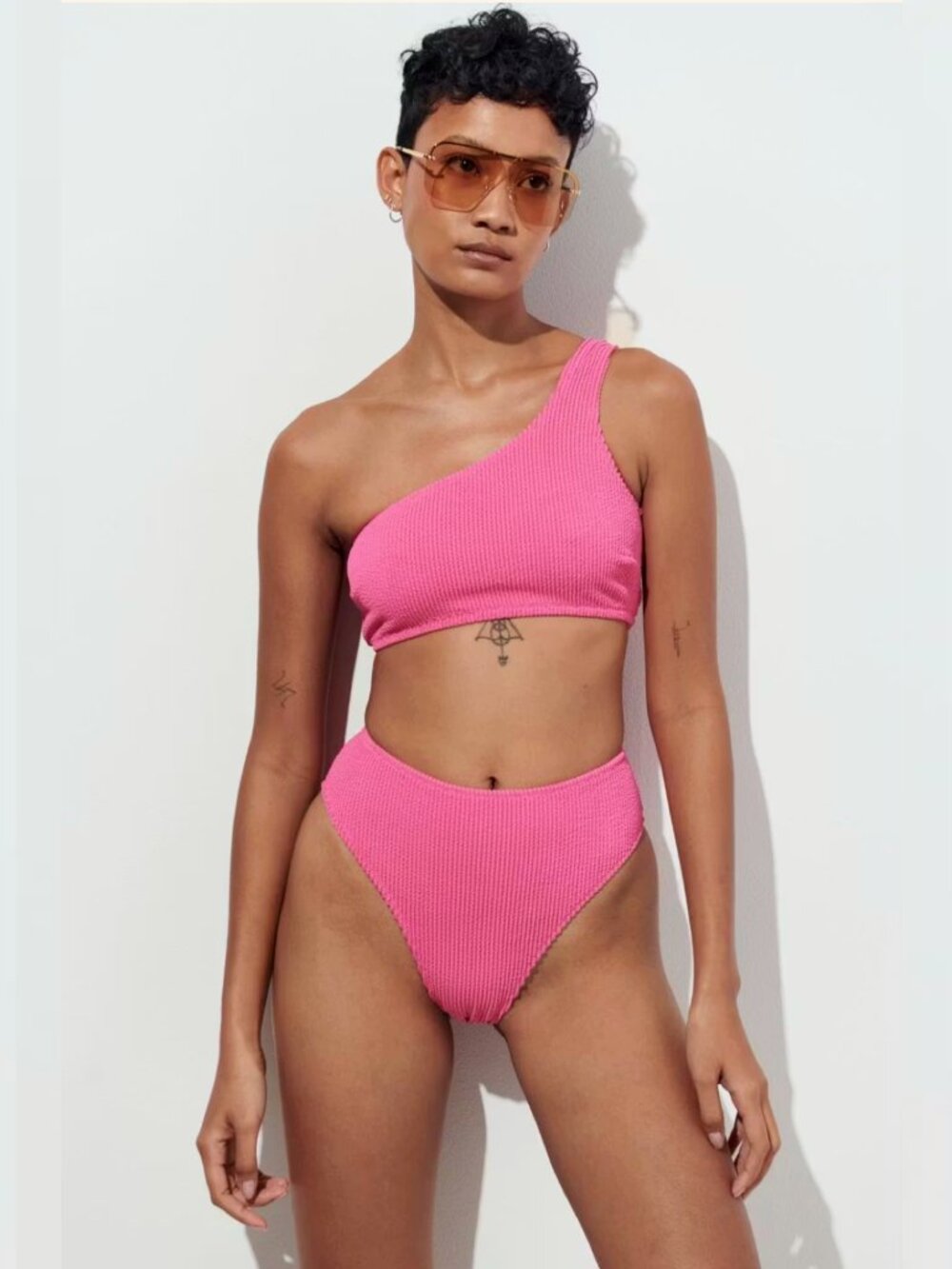 Gina Tricot Hot Pink One Shoulder Bikini High Waisted Medium